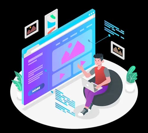 Futuristic room with big screens in the walls and seated man working on laptop